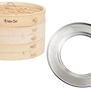 Helen Chen's 10-Inch Bamboo Steamer with 11-Inch Steaming Ring - Ideal for Steaming Vegetables, Meats, Fish, and Dim Sum