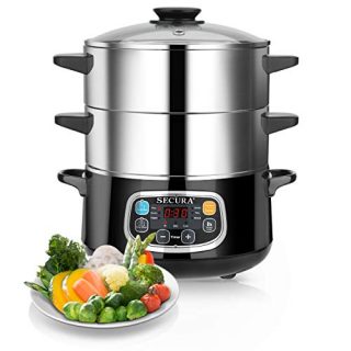 Secura Electric Food Steamer, Vegetable Double Tiered Stackable Baskets with Timer 1200W Fast Heating Stainless Steel Digital Steamer 8.5 Quart