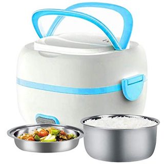 MoModer Electric Lunch Box, Multifunctional Rice Cooker Portable Food Warmer Heater Steamer with Removable Stainless Steel Bowls, Egg Steaming Tray, Spoon, Measuring Cup for Office, School, Travel