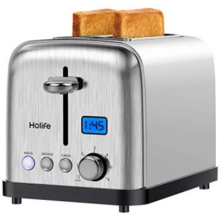Holife Toaster 2 Slice, Stainless Steel Toaster Bagel Toaster with Digital Display, 6 Shade Settings, Bagel/Defrost/Cancel/Reheat Function, 1.5 inch Extra Wide Slot, 900W