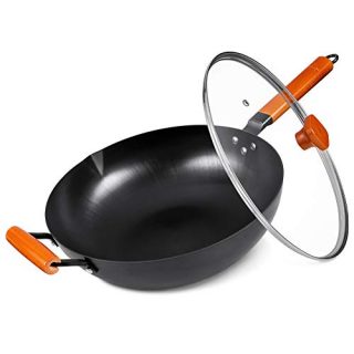 SKY LIGHT Wok Pan with Lid, No Chemical Stir Fry Pan 12.5-inch, 100% Carbon Steel Chinese Iron Pot with Detachable Wooden Handle, Scratch Resistant Flat Bottom for Electric, Induction & Gas Stoves