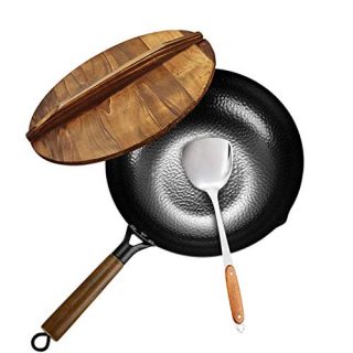 Carbon Steel Wok, Stir Fry Pan Flat Bottom Pan, Iron Wok with lid, for Electric Stove, Induction Cooker and Gas Stove(12.5 Inch)