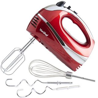 VonShef Hand Mixer Whisk With Chrome Beater, Dough Hook, 5 Speed and Turbo Button + Balloon Whisk 250w (Red)