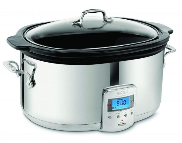All-Clad SD700450 Programmable Oval-Shaped Slow Cooker with Black Ceramic Insert and Glass Lid, 6.5-Quart, Silver