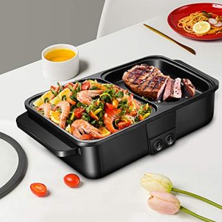 Electric Hot Pot with Grill SEAAN Shabu Shabu Korean BBQ Barbecue Smokeless Nonstick Indoor for Grilling Frying Baking Cooking Simmering 1200W for 1-2 People