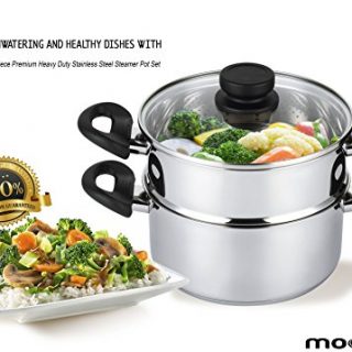 mockins 3 Piece Premium Heavy Duty Stainless Steel Steamer Pot Set Includes 3 Quart Cooking Pot, 2 Quart Steamer Insert and Vented Glass Lid | Stack and Steam Pot Set for All Cooking Surfaces