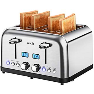 4 Slice Toaster, IKICH Prime Rated Toaster Stainless Steel [Digital Countdown] Toasters(6 Bread Shade Settings, Bagel/Defrost/Reheat/Cancel Function, 4 Slots, Removable Crumb Tray, 1500W)