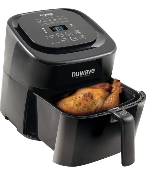 NuWave Brio 6-Quart Air Fryer with App Recipes (Black) includes basket divider, one-touch digital controls, 6 easy presets, wattage control, and advanced functions like SEAR, PREHEAT, DELAY, WARM and more (NEW UPDATED 2020 MODEL)