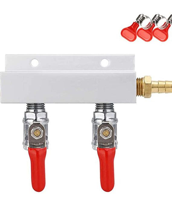 FERRODAY 2 Way Gas Manifold 5/16" Barbed Integrated Check Valves CO2 Distributor Independent Shut Off CO2 Manifold Gas Distributor for Home Brew Beer Brew - 1 Gas Manifold + 3 Hose Clamps