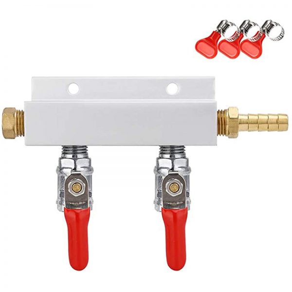 FERRODAY 2 Way Gas Manifold 5/16" Barbed Integrated Check Valves CO2 Distributor Independent Shut Off CO2 Manifold Gas Distributor for Home Brew Beer Brew - 1 Gas Manifold + 3 Hose Clamps