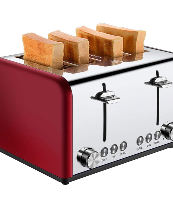 4 Slice Toaster, CUSIBOX Stainless Steel Toaster with Bagel, Defrost, Cancel Function, Extra Wide Slots, 6 Bread Shade Settings, 1650W, Red