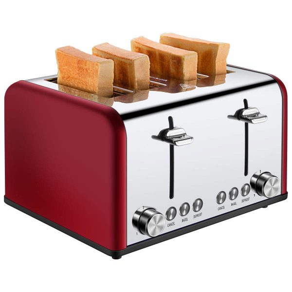 4 Slice Toaster, CUSIBOX Stainless Steel Toaster with Bagel, Defrost, Cancel Function, Extra Wide Slots, 6 Bread Shade Settings, 1650W, Red