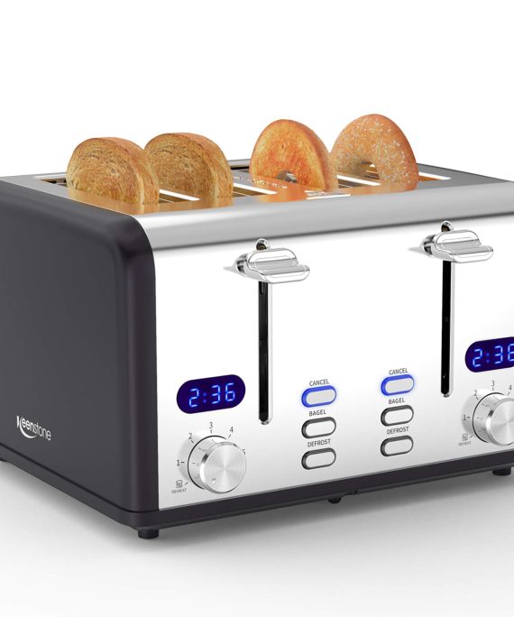 4 Slice Toaster, Keenstone Stainless Steel Toasters with Timer, Wide Slot, Bagel/Defrost/Reheat/Cancel Fuction, Removable Crumb Tray, Black