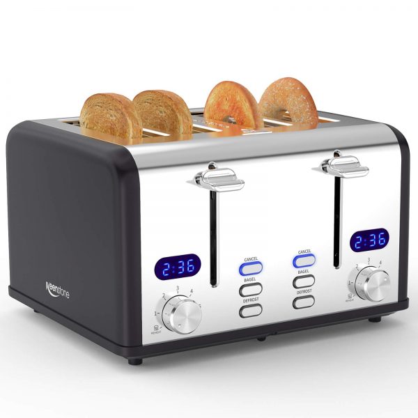 4 Slice Toaster, Keenstone Stainless Steel Toasters with Timer, Wide Slot, Bagel/Defrost/Reheat/Cancel Fuction, Removable Crumb Tray, Black