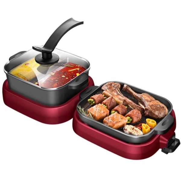 2-IN-1 Electric Grill & Hot Pot, Foldable Roasted Baking Pan Mandarin Dish Pot, Separately Dual Temperature Control BBQ and Smokeless Shabu-pot, for Indoor Outdoor Barbecue (2000W)