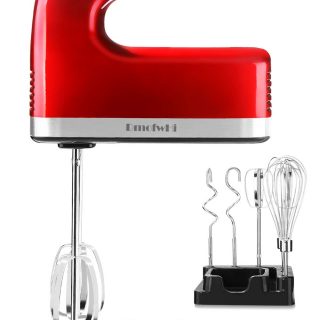 DmofwHi 9-Speed Electric Hand Mixer with Digital Screen and Timer, Kitchen Handheld Mixer with 6 Stainless Steel Attachments and Storage Case - Empire Red.