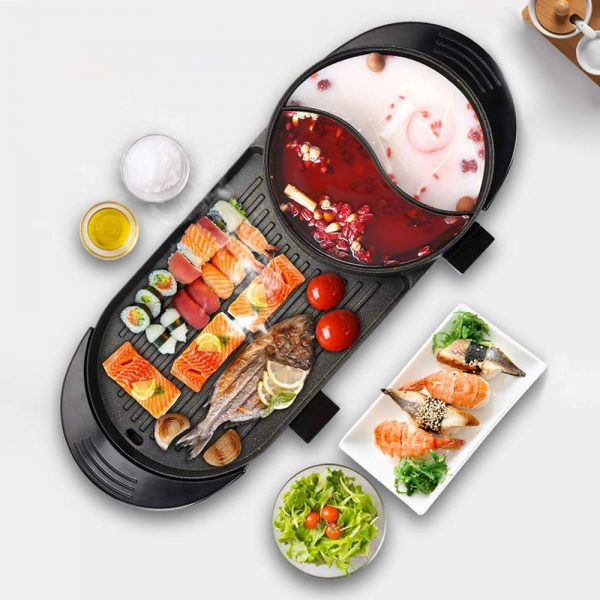 Uttiny Portable Electric Grill, 2000W Electric Indoor and Ourdoor Shabu Shabu Hot Pot with Barbecue Medical Stone Non-Stick Pan for 2-12 People Gatherings (2000W)