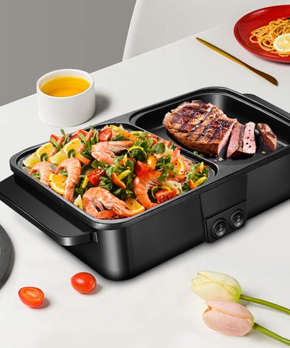 Electric Hot Pot with Grill SEAAN Shabu Shabu Korean BBQ Barbecue Smokeless Nonstick Indoor for Grilling Frying Baking Cooking Simmering 1200W for 1-2 People
