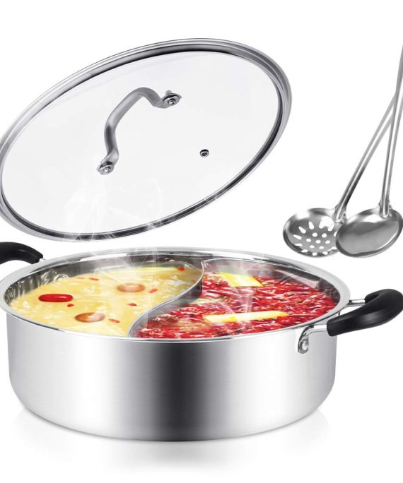 Kerykwan 304 Food Grade Stainless Steel Shabu Shabu Hot pot with Divider&Lid for Induction Cooktop Gas Stove Dual Sided Soup Cookware with 2 Soup Ladles (13 inch)