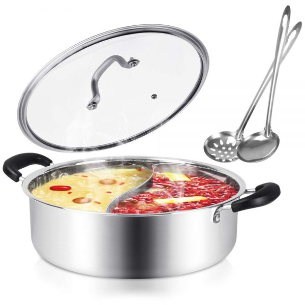 Kerykwan 304 Food Grade Stainless Steel Shabu Shabu Hot pot with Divider&Lid for Induction Cooktop Gas Stove Dual Sided Soup Cookware with 2 Soup Ladles (13 inch)