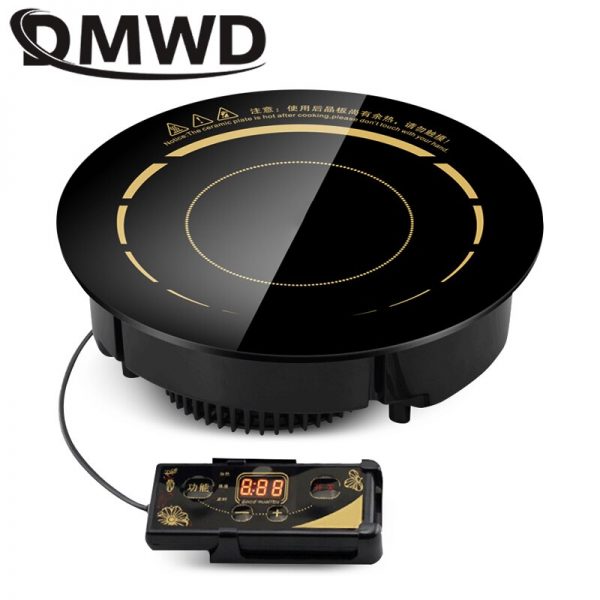 DMWD 3000W round induction cooker with black crystal touch panel embedded in kitchen countertop