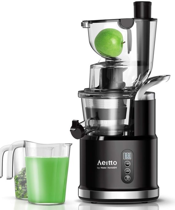 Aeitto Slow Juicer, Slow Masticating Juicer Machine with Big Wide 81mm Chute 900 ml Juice Cup, Cold Press Juicer for Nutrient Fruits and Vegetables, Vertical Juicer Machine BPA Free with Quiet Motor & Reverse Function, Easy to Clean