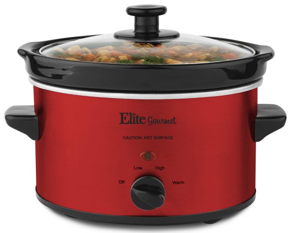 Elite Cuisine MST-275XR Electric Slow Cooker, Adjustable Temp, Entrees, Sauces, Stews & Dips, Dishwasher-Safe Glass Lid & Ceramic Pot, 2Qt Capacity, Metallic Red