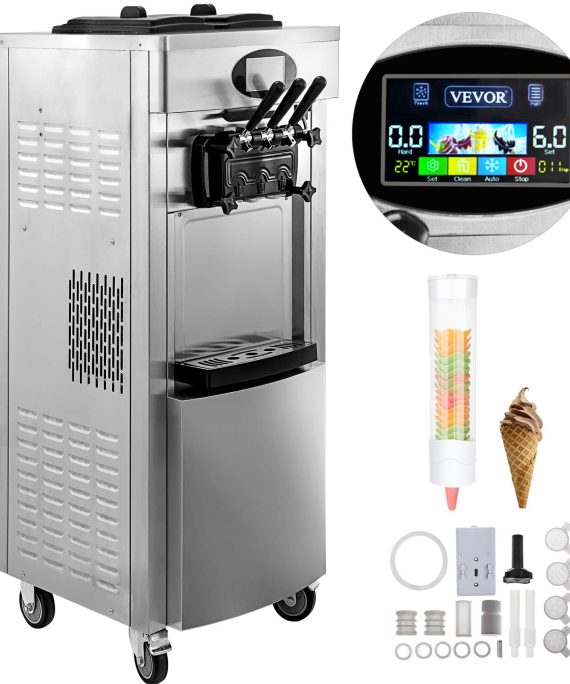 VEVOR 2200W Commercial Soft Ice Cream Machine 3 Flavors 5.3 to 7.4Gallon per Hour PreCooling at Night Auto Clean LCD Panel for Restaurants Snack Bar, Silver
