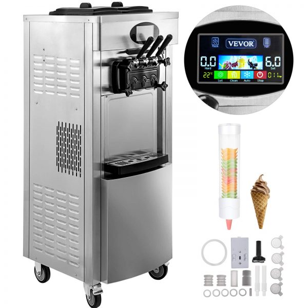 VEVOR 2200W Commercial Soft Ice Cream Machine 3 Flavors 5.3 to 7.4Gallon per Hour PreCooling at Night Auto Clean LCD Panel for Restaurants Snack Bar, Silver
