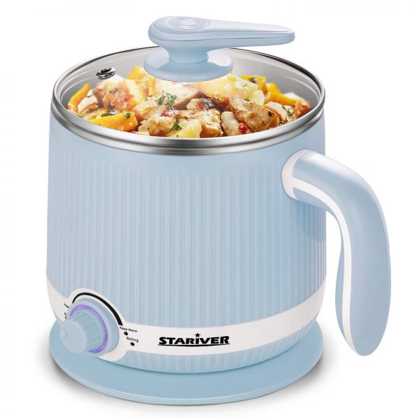 Stariver Electric Hot Pot, 2L Electric Cooker, Multi-Functional Mini Pot for Noodles, Soup, Porridge, Shabu Shabu, Eggs, Pasta with Keep Warm Function, Over Heating and Boil Dry Protection, Blue
