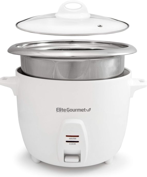 Elite Gourmet ERC2010B Electric Rice Cooker with Stainless Steel Inner Pot Makes Soups, Stews, Grains, Cereals, Keep Warm Feature, 10 cups cooked (5 Cups uncooked), White