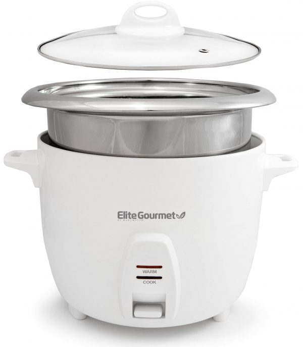 Elite Gourmet ERC2010B Electric Rice Cooker with Stainless Steel Inner Pot Makes Soups, Stews, Grains, Cereals, Keep Warm Feature, 10 cups cooked (5 Cups uncooked), White