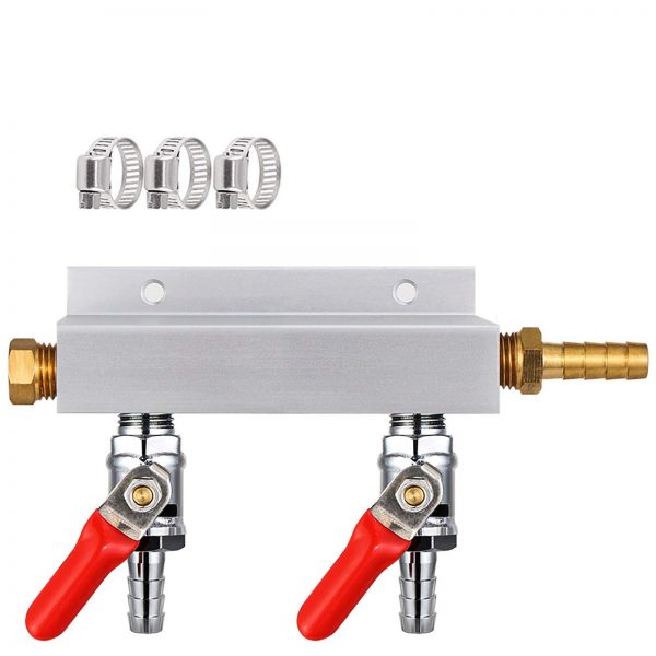MRbrew Gas Manifold, CO2 Gas Distributor, 5/16'' Barb Fitting Beer Kegerator Splitter, 2-Way Air Distributor with Integrated Check Valves & Hose Clamps
