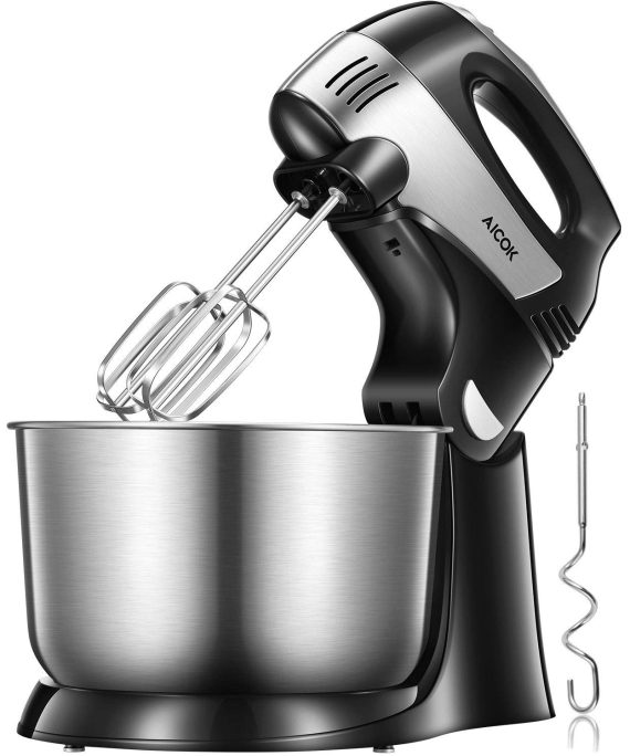 Hand Mixer Electric 2 in 1 Stand Mixer 6 Option (Precise 5 Speed + Turbo) with 3.7 Quarts Stainless Steel Bowl Include Beaters and Dough Hooks, Easy Install & Disassemble, AICOK
