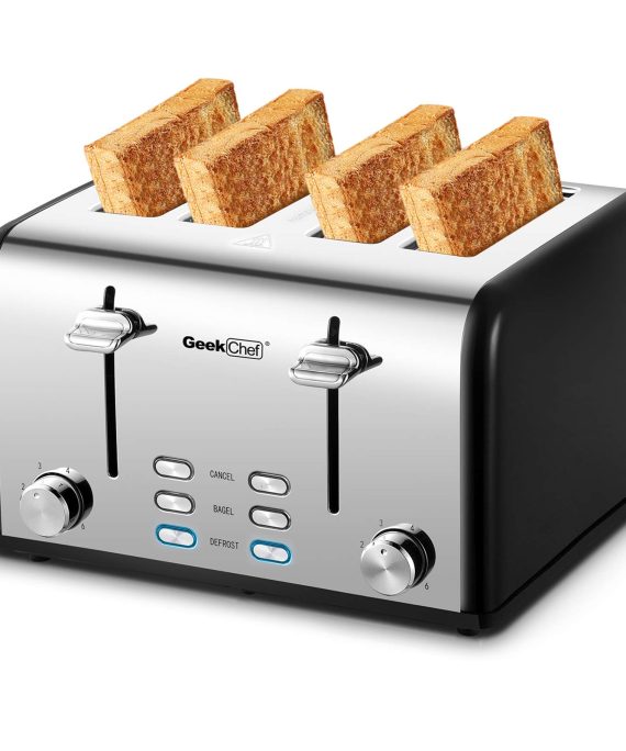 Toaster 4 Slice, Geek Chef Stainless Steel Extra-Wide Slot Toaster with Dual Control Panels of Bagel/Defrost/Cancel Function, 6 Toasting Bread Shade Settings, Removable Crumb Trays, Auto Pop-Up