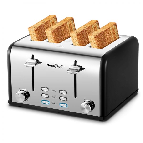 Toaster 4 Slice, Geek Chef Stainless Steel Extra-Wide Slot Toaster with Dual Control Panels of Bagel/Defrost/Cancel Function, 6 Toasting Bread Shade Settings, Removable Crumb Trays, Auto Pop-Up