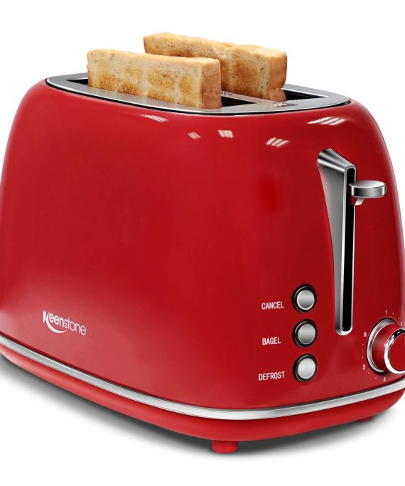 Keenstone Retro 2 Slice Toaster Stainless Steel Toaster with Bagel, Cancel, Defrost Fuction and Extra Wide Slots Toasters, 6 Shade Settings,Removable Crumb Tray, Red