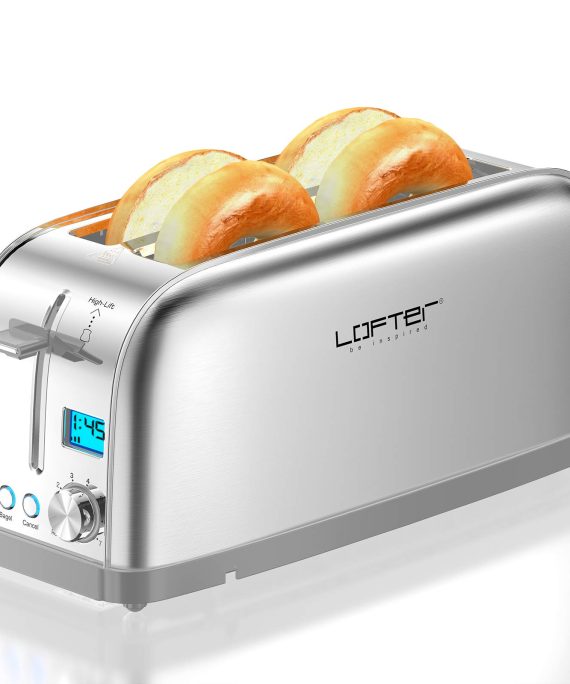 4 Slice Toaster, LOFTer Long Slot Toasters Best Rated Prime, Stainless Steel Bagel Toasters with Compact LCD Display, 7 Bread Settings, Bagel/Defrost/Reheat/Cancel Function, 1.6" Wide Slots, Removable Crumb Tray, 1500W, Silver