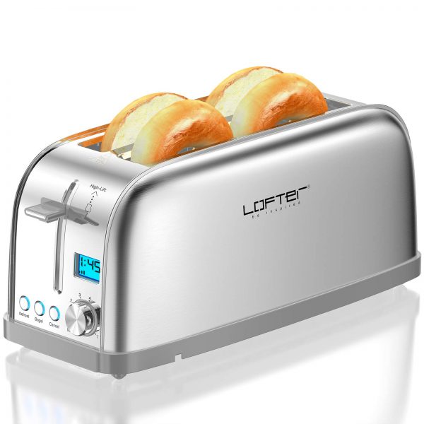 4 Slice Toaster, LOFTer Long Slot Toasters Best Rated Prime, Stainless Steel Bagel Toasters with Compact LCD Display, 7 Bread Settings, Bagel/Defrost/Reheat/Cancel Function, 1.6" Wide Slots, Removable Crumb Tray, 1500W, Silver