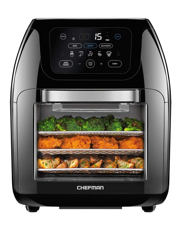 Chefman Multifunctional Digital Air Fryer+ Rotisserie, Dehydrator, Convection Oven, 14 Touch Screen Presets Fry, Roast, Dehydrate & Bake, Auto Shutoff, Accessories Included, XL 10L Family Size, Black