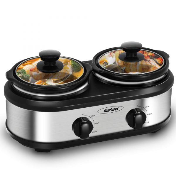 Slow Cooker, Dual Pot Slow Cooker Buffet Server 2 Pot Small Mini Crock Pot Food Warmer, 2-Section 1.25-Quart Oval Slow Cooker Buffet Food Warmer Adjustable Temp Lid Rests Stainless Steel, Total 2.5 QT, Black&Sliver