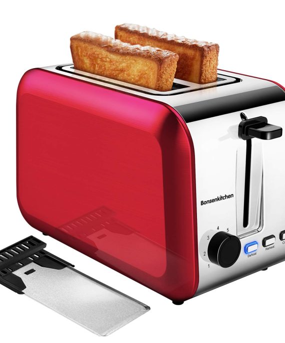 2 Slice Red Toasters, Bonsenkitchen Stainless Steel Wide Slot Bread Toaster with Defrost/Reheat/Cancel Function, 7 Brown Setting, Removable Crumb Tray, Auto Shut Off, 750 Watt, 120V