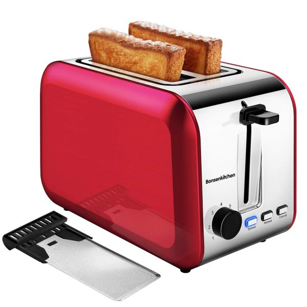 2 Slice Red Toasters, Bonsenkitchen Stainless Steel Wide Slot Bread Toaster with Defrost/Reheat/Cancel Function, 7 Brown Setting, Removable Crumb Tray, Auto Shut Off, 750 Watt, 120V