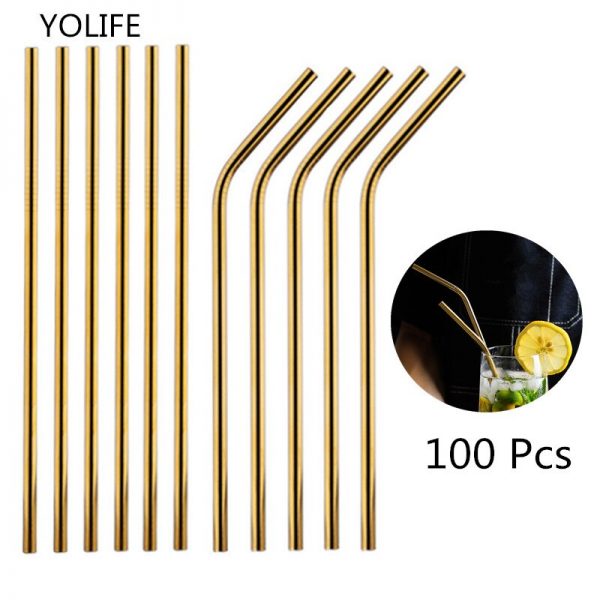 100Pcs/Set Metal Straw Reusable Gold Straws