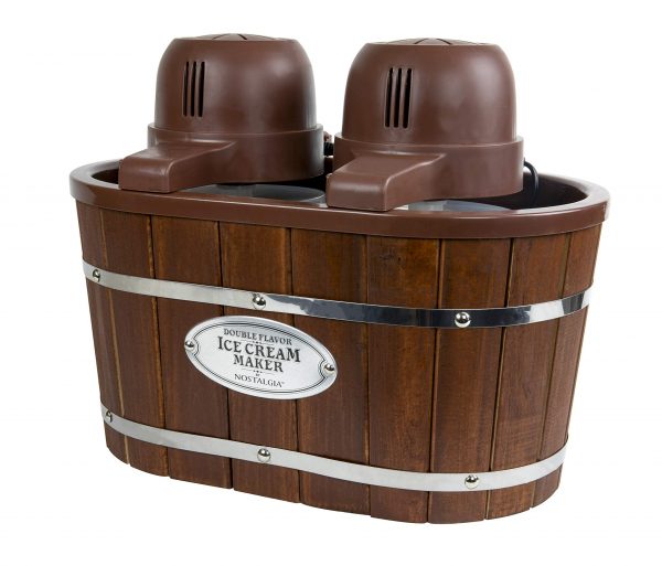Nostalgia Double Flavor Electric Bucket Ice Cream Maker Makes 4-Quarts in Minutes, Frozen Yogurt, Gelato, Made From Real Wood, Includes Two 2-Qt Canisters