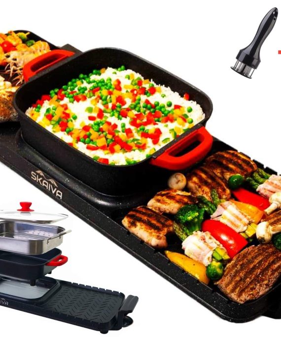 SKAIVA Hot pot with grill - 3 in 1 Multi-functional Electric indoor grill hot pot and steamer - Removable Hot Pot - Smokeless grill indoor, Teppanyaki grill, Detachable Korean bbq shabu shabu hot pot, Kbbq grill, Latest Model extra large for 3 to 12 peopl