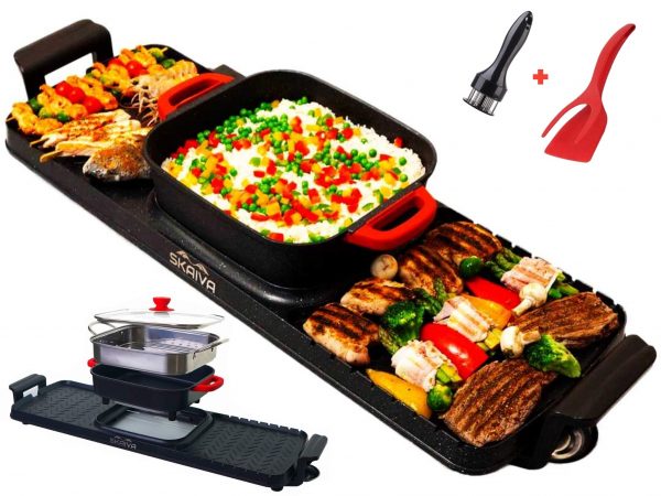 SKAIVA Hot pot with grill - 3 in 1 Multi-functional Electric indoor grill hot pot and steamer - Removable Hot Pot - Smokeless grill indoor, Teppanyaki grill, Detachable Korean bbq shabu shabu hot pot, Kbbq grill, Latest Model extra large for 3 to 12 peopl
