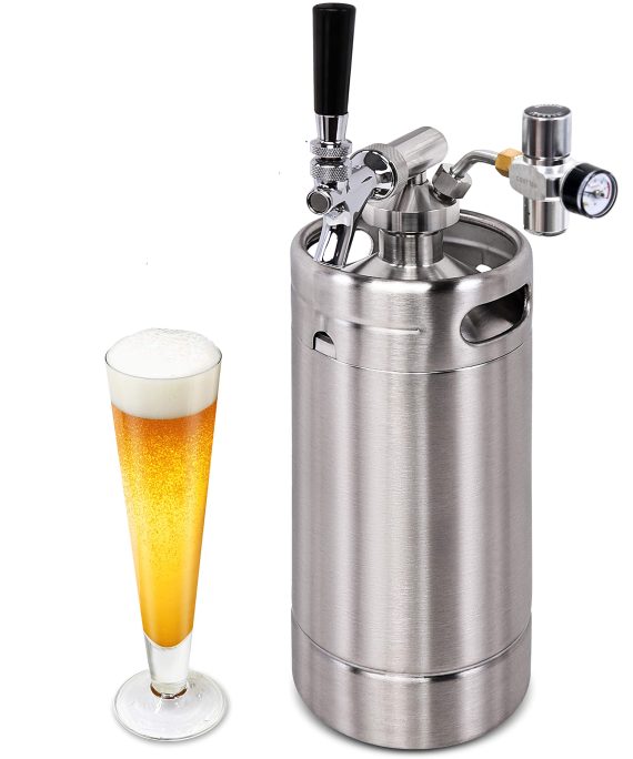 NutriChef Pressurized Growler Tap System - Stainless Steel Mini Keg Dispenser Portable Kegerator Kit - Co2 Pressure Regulator Keeps Carbonation for Craft Beer, Draft and Homebrew - PKBRTP100.5 (128oz)