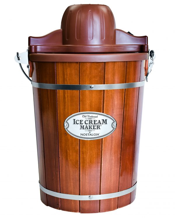 Nostalgia Electric Bucket Ice Cream Maker With Easy-Carry Handle, Makes 6-Quarts in Minutes, Frozen Yogurt, Gelato, Made From Real Wood, Brown