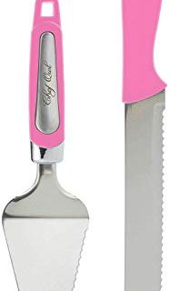 Professional Pie Server Set - 100% STAINLESS STEEL - Set Includes Cutting Spatula with Serving Knife - Perfect for Serving Cake, Pizza, Pies, Dessert, Lasagna, and More - Pink Handle